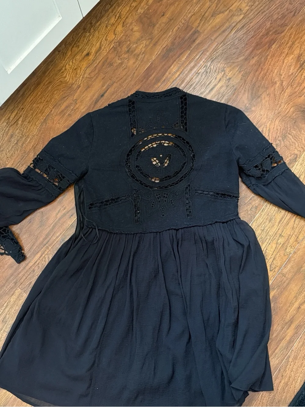 Free People Black Lace-Trim Long Sleeve Mini Dress